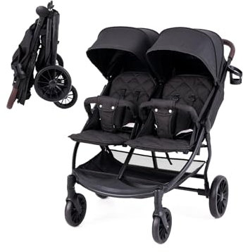 COSTWAY Passeggino Gemellare per Bambini, Passeggino Doppio Portatile Pieghevole con Schienale Regolabile, Tettuccio a 5 Livelli, Cintura a 5 Punti, Ruote 360°, Portata 15+15 kg (Grigio Scuro)