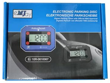 eMJay Digitale Parkuhr fürs Auto, elektronische Parkscheibe mit KBA-Zulassung, automatische Ankunftszeit, mit Display, inklusive Batterie und 3M Klebepads