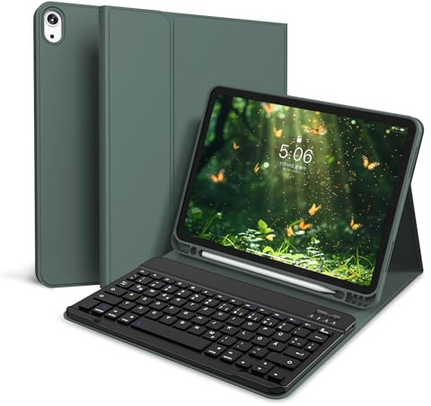 zoyu Hülle mit Tastatur für iPad A16 11/10 Generation (11/10.9 Zoll) | Mit Magnetisch Abnehmbarer Tastatur und Flip-Stand-Cover, Auto Wake/Sleep für iPad 11/10 Gen (11/10.9 zoll),Nachtgrün