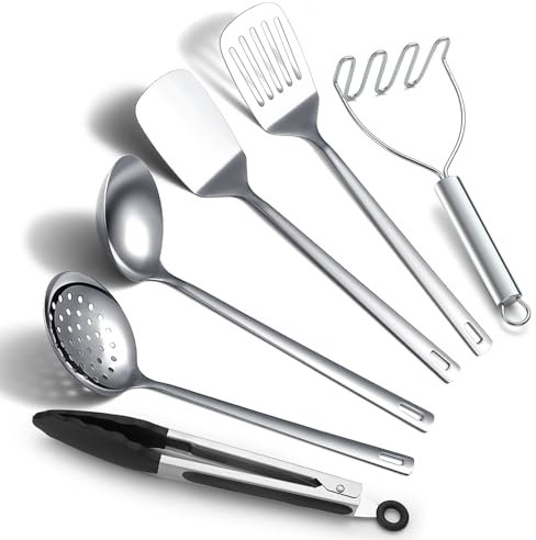 Juego de utensilios de cocina de acero inoxidable Kyraton de 6 piezas, incluye juegos de espátulas de metal, espumadera, cucharón, pinzas, machacador de patatas, utensilios de cocina