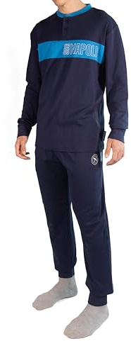 SSC Napoli, Pigiama Homewear Serafino in Interlock di Cotone, 100% Cotone, Maglia più Pantalone, Blu e Azzurro, con Logo del Napoli