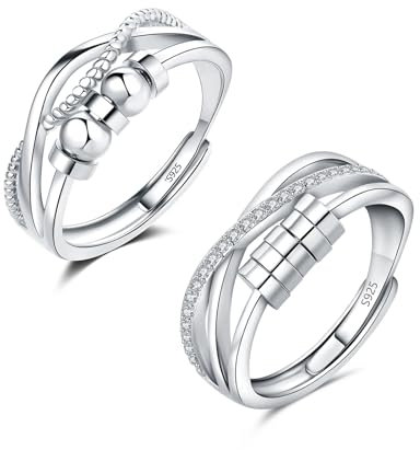 Deyanse Anxiety Ring Silber, 925 Sterling Silber Damen Herren Angst Ringe mit Perlen, 2PCS Offen Einstellbar Anti Stress Ringe Set, Unendlichkeit Spinner Fidget Ring, Unisex Stimmungsring gegen Stress