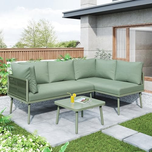 SUKY Garten-Lounge-Set aus Eisen, 2 Sofas und 1 Tisch, Gartenmöbel-Set, L-förmiges Gartenmöbel-Set, Lounge-Set aus mit Sitzkissen, verstellbaren Füßen (Grün)