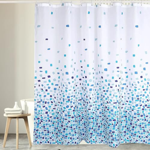 Homxi Duschvorhang aus Wasserdichtem Polyester - Blau-Weiß Mosaik Muster, 12 Kunststoff-Haken Inklusive (300x200cm) - Badezimmer Vorhang, Schimmelresistent