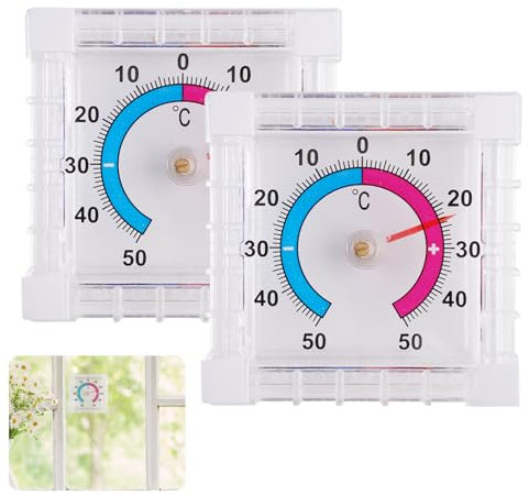 2er-Pack Fensterthermometer Aussen Selbstklebend, + - 50°C Außenthermometer Fenster Analog, Transparent Kühlschrankthermometer Analog Set, Thermometer Geeignet für Aussen und Fenster (7,5 x 7,5 cm)