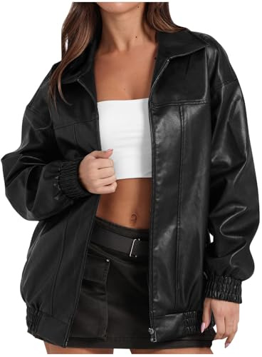 Flodxo Leather Jacket for Women UK Waterproof Bomber Jackets Oversized Baggy Faux Leather Coats with Pockets Winter Zip Up Motorcycle Coat Long Sleeve Y2K Streerwear Overcoat Outfits Black M