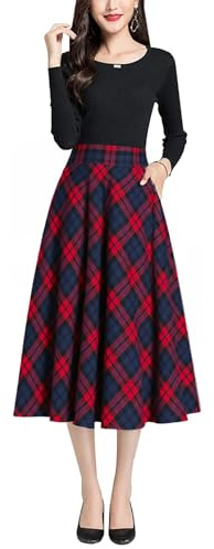 BiilyLi Gonna Lunga Invernale Donna Vintage Vita Alta Scozzese Gonne Elegante A-Linea Autunno Midi Skirt con Tasca Rosso -L(Vita Elastica: 78 cm)