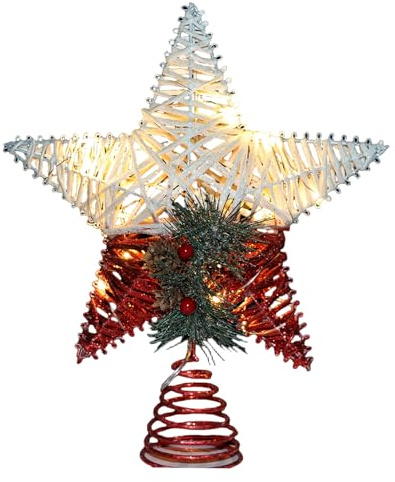 Topper, Weihnachtsbaum, Weihnachtsstern, Ornament aus Kunststoff, goldfarben, glitzernd, klassischer Baumstern | Topper mit beleuchtetem Stern, mittelgroß, mit schimmerndem Finish, strahlende