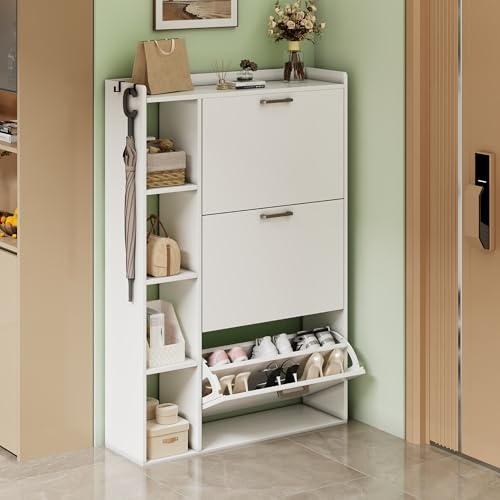 Ztexkee Schuhschrank mit 3 Klappen Schuhkipper Schmal Schuhschrank mit 3 Flip-Schuhregal und 4 Ablagefächer platzsparender Schuhregal für 18-24 Paar Schuhe für Eingang Flur, 80x24x122cm Weiß