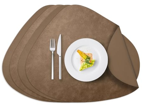 AiiBowy Tischsets Abwaschbar 4er Set, Platzsets Lederoptik - Doppelseitigen, Hitzebeständig, rutschfest, Wasserdicht, Abgrifffeste - Platzdecken PU, Platzdeckchen: 34x42.5cm (Oval, Khaki)