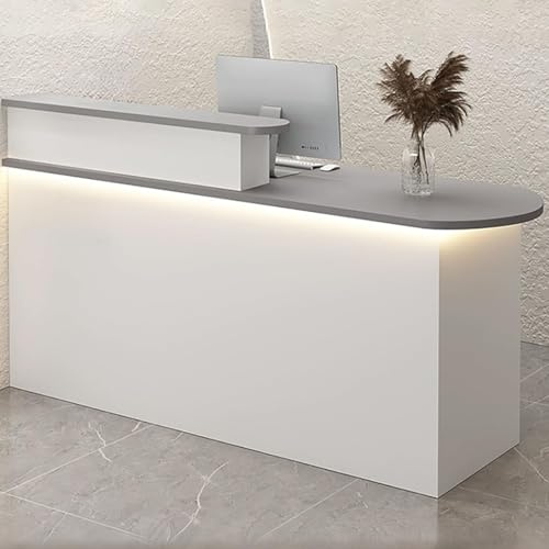 Scrivania per ricevimenti con luce LED, bancone anteriore moderno con cassetto e armadio, elegante bancone per ricevimenti per vendita al dettaglio, ufficio e salone, elegante mobile da reception