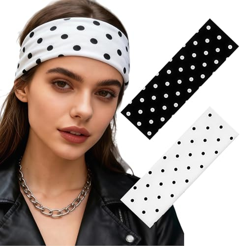 Cosblisvia 2 Pack Stirnband, Damen Haarband Damen, Gepunktete Haarbänder für Retro Frauen, Mädchen, Sportler für Yoga, Laufen, Fitness, Party, Schminken (Schwarz Weiß)