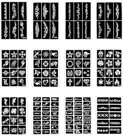 12 Fogli Stencil Tattoo, 142 PCS Stencil per Tatuaggi Temporanei Adulti e Bambini, Face Paint e Body Art, Kit DIY Tatuaggi all'Henné per Corpo, Mani, Braccia, Feste, Creatività (12)
