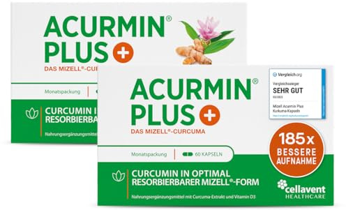 185x effektivere Kurkuma Kapseln - 10.000 mg Kurkuma Pulver/Tag - Kurkuma hochdosiert ohne Piperin - Mizell Curcuma - 95% Curcumin - mit Vitamin D3 für Knochen - Acurmin PLUS, 120 Kapseln