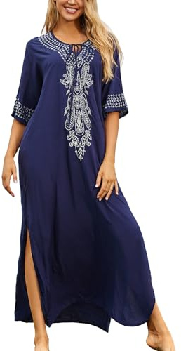 L-Peach Femme Été Coton Broderie Florale Longue Kaftan Robe Paréo de Plage pour Maillot de Bain, Bleu Foncé, Taille unique