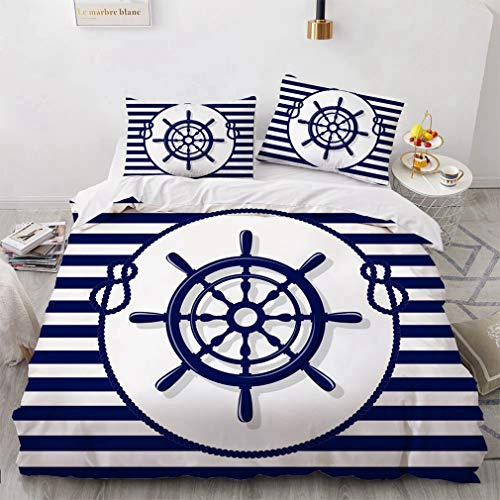 NEWAT Set di biancheria da letto con motivo nautico oceano marino e piumone/copripiumino, con barca, corda, faro, blu, blu navy, bianco, D, 200 x 200 cm