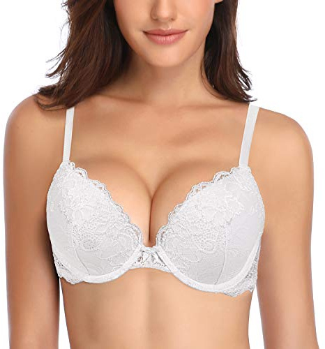 Deyllo Women's Push Up Lace Bra Sexy Deep V Lift Up Bra Underwire Padded Comfort Everyday Bra(White,34F)