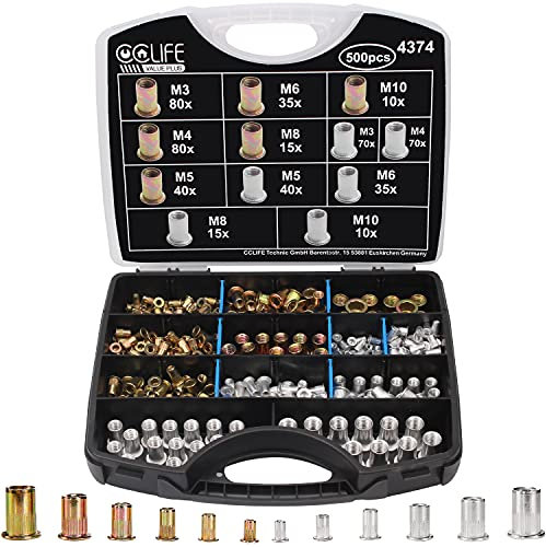 CCLIFE 500tlg Nietmuttern Sortiment M3 M4 M5 M6 M8 M10 Flachkopf Gewindenieten Blindnietmuttern Einnietmutter Alu & Verzinkt Stahl Rivet Nuts