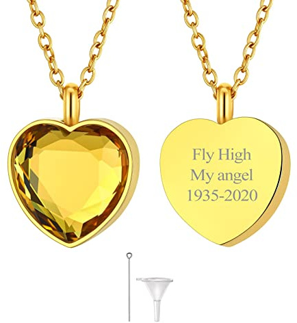 FindChic Personalisierbare Urnenhalskette für Asche wasserdicht Memorial Anhänger Herren Damen Edelstahl November-Geburststein Kette Herz Erinnerungs Schmuck mit Gravur gold