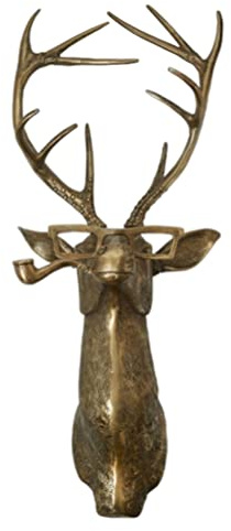Lseqow Hirschkopf-Wandskulptur, künstliches Geweih mit geometrischem Design, Brille und Pfeife, goldfarbene Wanddekoration, 40 x 26 cm