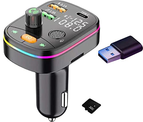 Voiakiu Transmisor FM Bluetooth 5.0 para Coche | Coche Bluetooth con retroiluminación LED 7 Colores con Carga QC3.0 | Compatible con el Asistente Manos Libres Google