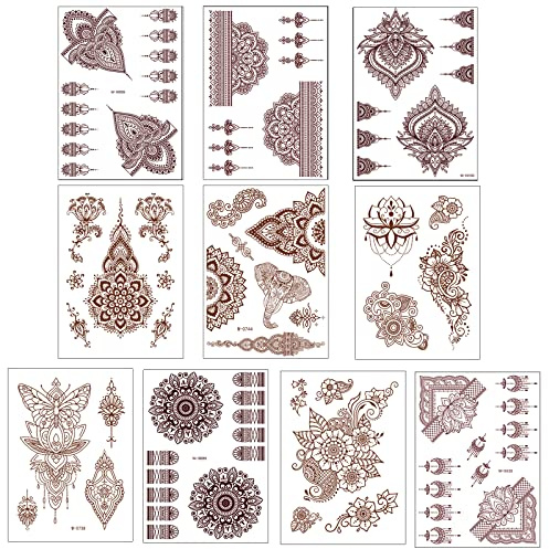10 Pcs Henna Tattoo Kit Temporary Tattoo Adul Stickers Lace Pattern Fake Tattoos Henna Sticker for Women Girls DIY on Body Face Arms Legs Brown