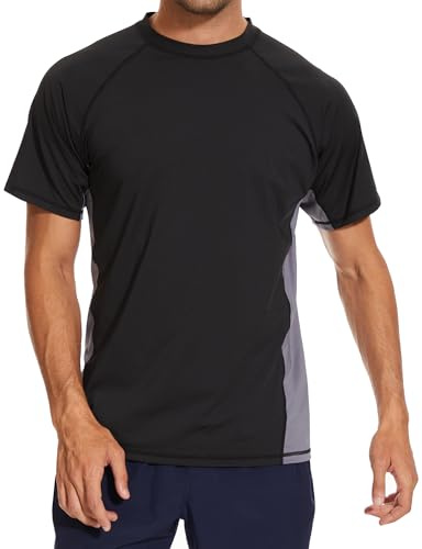 Arcweg Camiseta Hombres Mangas Cortas Rash Guard de Protección UPF 50＋Secado Rápido Deportes Acuáticos Surf Natación Verano Negro y Azul Cobalto