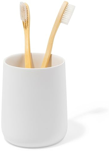 Yew Design Matte White Toothbrush and Toothpaste Holder and Cup for Bathroom Vanity and Countertop, Round Organizer for Electric Toothbrushes, Floss, Razors, Cotton, and Mouthwash
