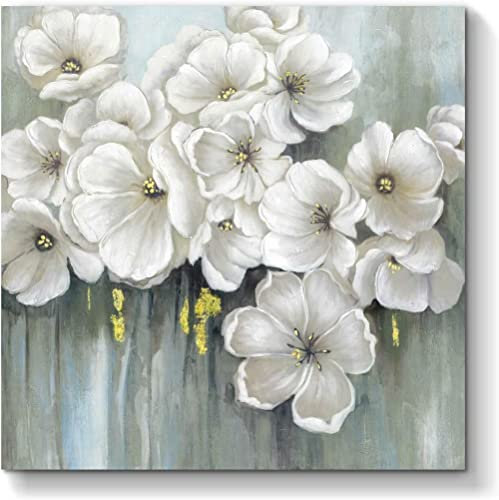 LCDIUDIU Ölbilder Auf Leinwand Handgemalt, Moderne Abstrakte Weiße Textur, Blühende Blume, Goldfolie, Staubgefäße, Verzierung, Kunstwerk, Rahmenlose Hand-Ölgemälde Auf Leinwand, Wandkunst Für Wohnzi