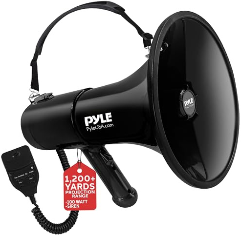 Pyle 100-Watt Square Megaphone Bullhorn, Lightweight and Portable Loudspeaker Horn with Aux (3.5mm) Input for MP3/Music, Automatic Siren, Whistle, MIC/Talk (Black), 1200 Square Yards Projection Range