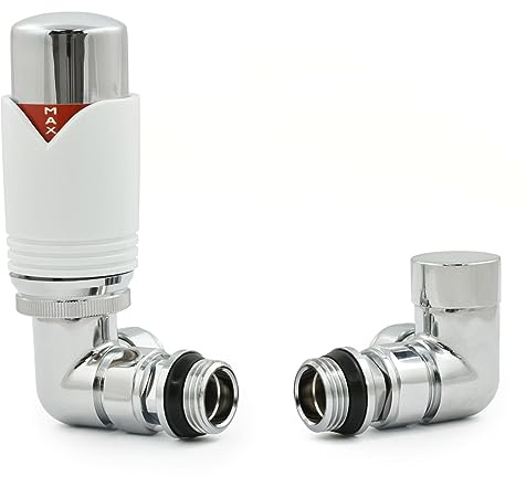 Hot Flow White Marella 3 Modern Thermostatic Radiator Valve Corner TRV. Includes Corner TRV Body, Wheel Head & Lock Shield for Quick & Easy Temperature Control.