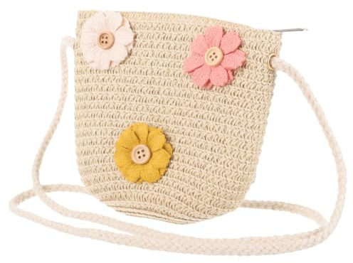 VALICLUD Dearmamy Kinder UmhäNgetasche Stroh Geflochtene Kleine Strandtasche Leicht FüR Alltag Und Freizeit MäDchen Mini Bucket Bag Mit Viel Stauraum(Zufällige Blumenfarben)