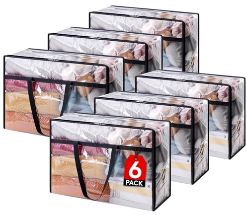 Lifewit 6 Stück Transparente Plastik Aufbewahrungstasche, 60L Kleiderschrank Organizer Aufbewahrungsbox mit Deckel Kleideraufbewahrung Umzugskartons mit Verstärkter Griff für Bettdecken, Kleidung