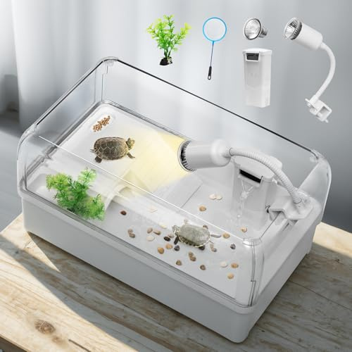 Turtle Tank with Adjustable Water Pump Filter Easy Changing Water and Clean, Turtle Aquarium Terrapin Lake with Platform Tank