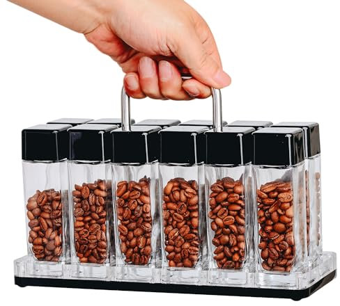 Normcore 6 Tubes Single Dose Espresso Bean Cellars, Coffee Beans Storage Tube Vial Vault with One-Way Exhaust Valve, Glass Coffee Bean Capsules with Display Stand and Funnel