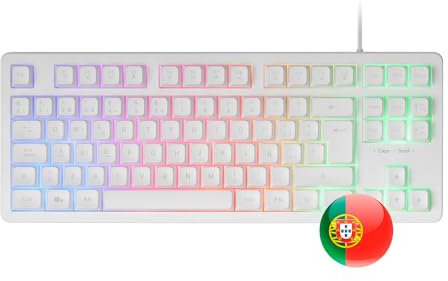 Mars Gaming MK023, Gaming Tastatur TKL, Hybrid H-Mech Technologie, FRGB Regenbogenbeleuchtung, Anti-Ghosting, Universelle Kompatibilität, Weiß, Portugiesisch Sprache