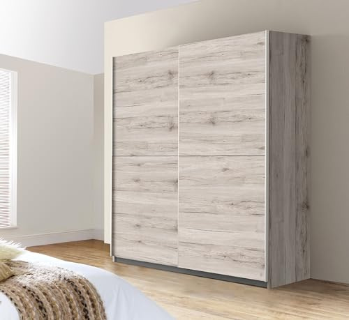 Forte Winner Möbel-Set 170, Moderner Kleiderschrank mit Schwebetüren + Einlegeböden + Schubladenkommode + Türstopper, Holzwerkstoff, Sandeiche Holzdekor, 170,3 cm breit x 190,5 cm hoch x 61,2 cm tief