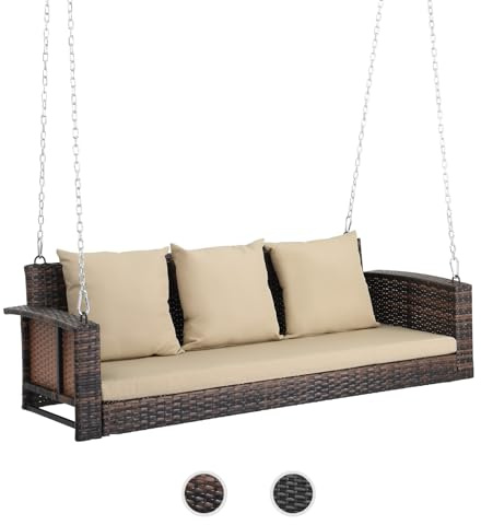 VINGLI Heavy Duty 800 LBS Wicker Hanging Porch Swing with Cushions & Chains, 5FT Outdoor Rattan Swing Bench for Garden, Yard, Lawn (Brown)