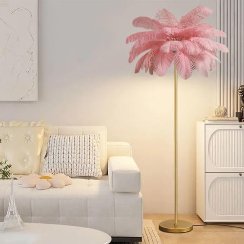 KUviez Lampadaire en plumes d'autrucheLampadaire, éclairage domestique, lampe de chevet, lampe sur pied pour salon, maison de lecture, chambre à coucher, décoration de bureau à domicile