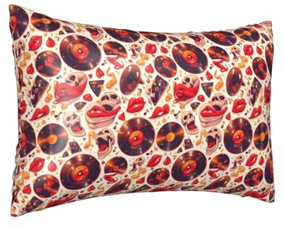 Federa per cuscino in seta per capelli e pelle, con stampa a blocchi di cuore, dimensioni standard, 50,8 x 76,2 cm, con teschio e disco rock e cuore stampato, in raso, con cerniera, regalo per donne e