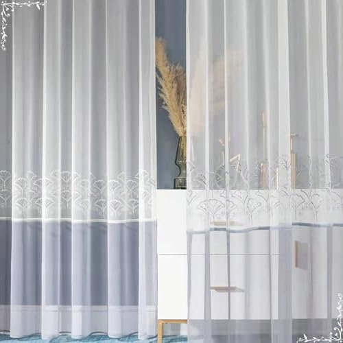 Beydodo Vorhänge Lichtdurchlässig mit Ösen, Gardinen Küche 2er Set mit Stickerei Modern 86x160CM Weiß Schiebevorhänge Halbtransparent Wohnzimmer Schlafzimmer