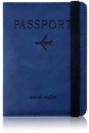 LiangYuanZen Kreditkartenhüllen mit Gummiband, 1 Passfach, 4 Kartenfächern, 1 Ticketfach, 1 Geldfach und 2 SIM-Kartenfächern. Fünf Farben.RFID-blockierende Reisepasshülle. (Blau.)