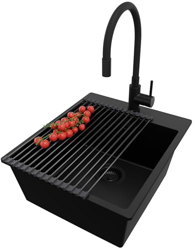 PRIMAGRAN Granitspüle ab 45er Unterschrank + Küchenarmatur, 43x50cm | Set: Küchenarmatur BW6020 + Ablauf-Set + Abtropfmatte + Spülbecken 1 Becken - Riga, Alles Schwarz