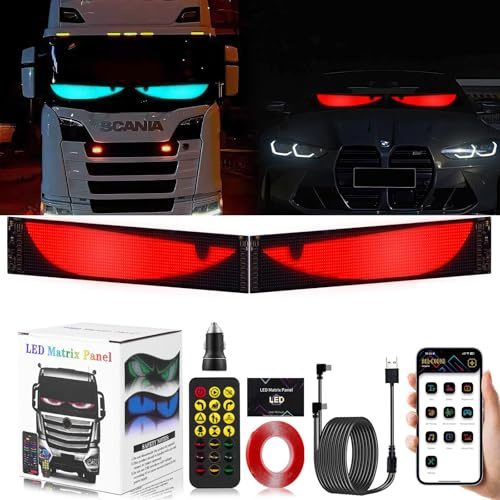 2er Devil Eyes Light for Cars LKW Led Augen, Dynamische Led Weicher Bildschirm Programmierbar Laufschrift Leuchtreklame, mit APP-Steuerung und Fernbedienung Bluetooth USB 5V (12CM*60CM)