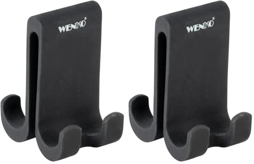 WENKO Double crochet de douche Verna Duo, crochet en silicone pour cabine de douche jusqu'à 10 mm d'épaisseur, beaucoup de place pour suspendre les éponges, serviettes et ustensiles de douche, noir