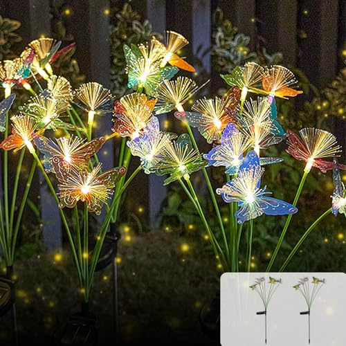 2 Stück LED Solar Schmetterlinge, 16 LED Schmetterling Solargartenlichter, Licht Schmetterlinge Deko Solarleuchten, Wasserdicht Solarleuchten für Garten, Bäume(Schmetterling Warmweiß)