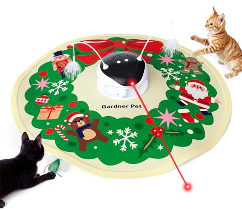 Gardner Pet Giocattolo per Gatti, 5 in 1 Elettrico Interattivo Automatico per Gatti, Gioco con Nascondino, Giocattolo con Piume, Laser, Palline e Cinguettii, Ricarica USB, Natale