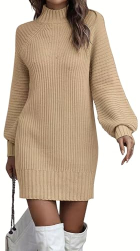 ELFIN Strickkleid Damen Rollkragen Langer Pullover Puff Ärmel Winter Pulloverkleid Freizeitkleid Langarm Strick Kleider Minikleid