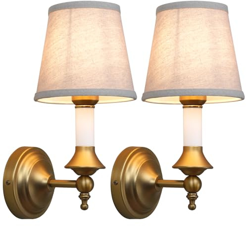 Phansthy 2 Stücke Wandleuchte Wandlampe Innen Wandleuchten E27 Wandlampe Vintage Wandleuchten mit Gold Messing Metal und Stoffschirm, für Schlafzimmer Wohnzimmer Flur (2 Stk Leinenfarbe)