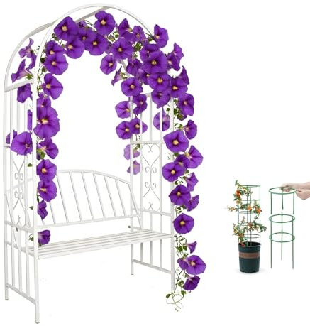 Tonnelle d'escalade blanche Morning Glory avec banc - Pergola en métal résistant aux intempéries - Treillis pour jardin, extérieur, arche de mariage, décoration de terrasse, support pour plantes